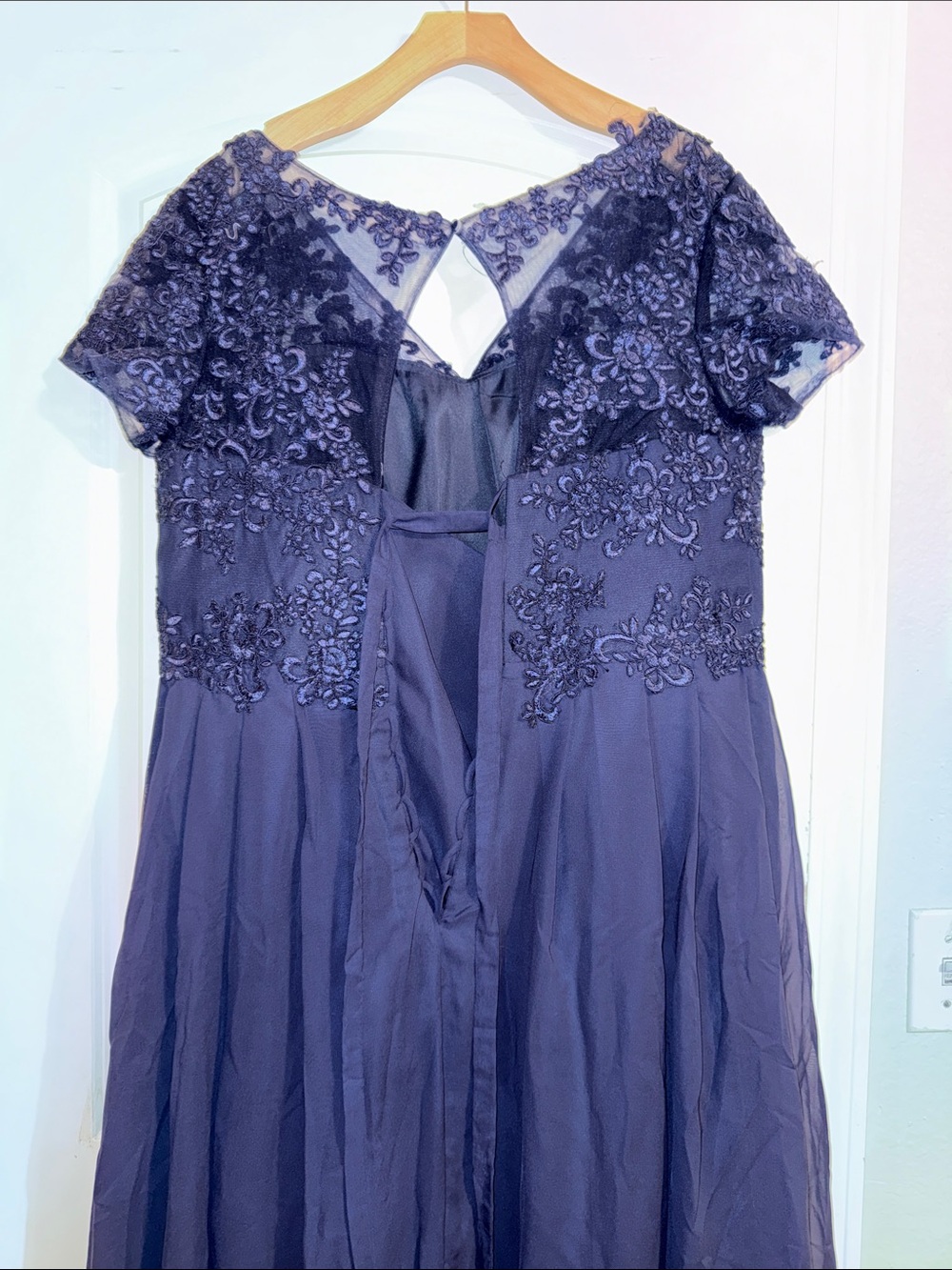 Lush Navy Lace Bodice Chiffon Wedding Guest Gown - Picture 4 of 7